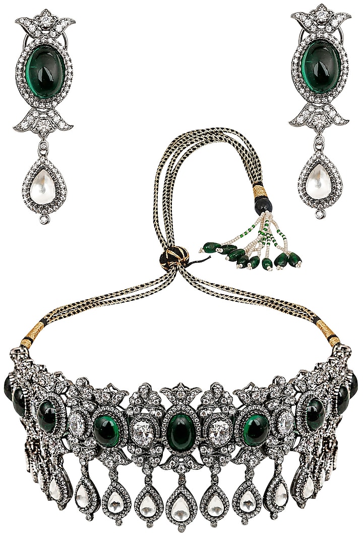 Antique Silver Finish Sapphire and Emerald Stone Necklace Set by Tanzila Rab