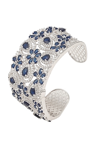 White Gold Finish Blue Sapphire Cuff by Tanzila Rab