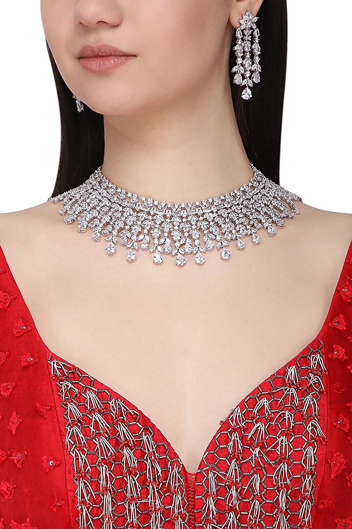 White Finish Sapphire Adjustable Necklace Set by Tanzila Rab at Pernia's Pop Up Shop