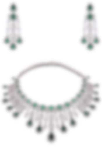 White Finish Sapphire & Emerald Adjustable Necklace Set by Tanzila Rab