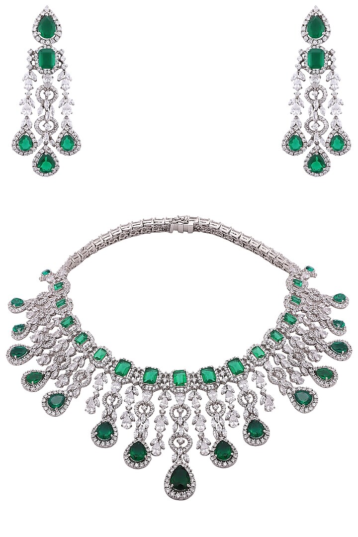 White Finish Sapphire & Emerald Adjustable Necklace Set by Tanzila Rab