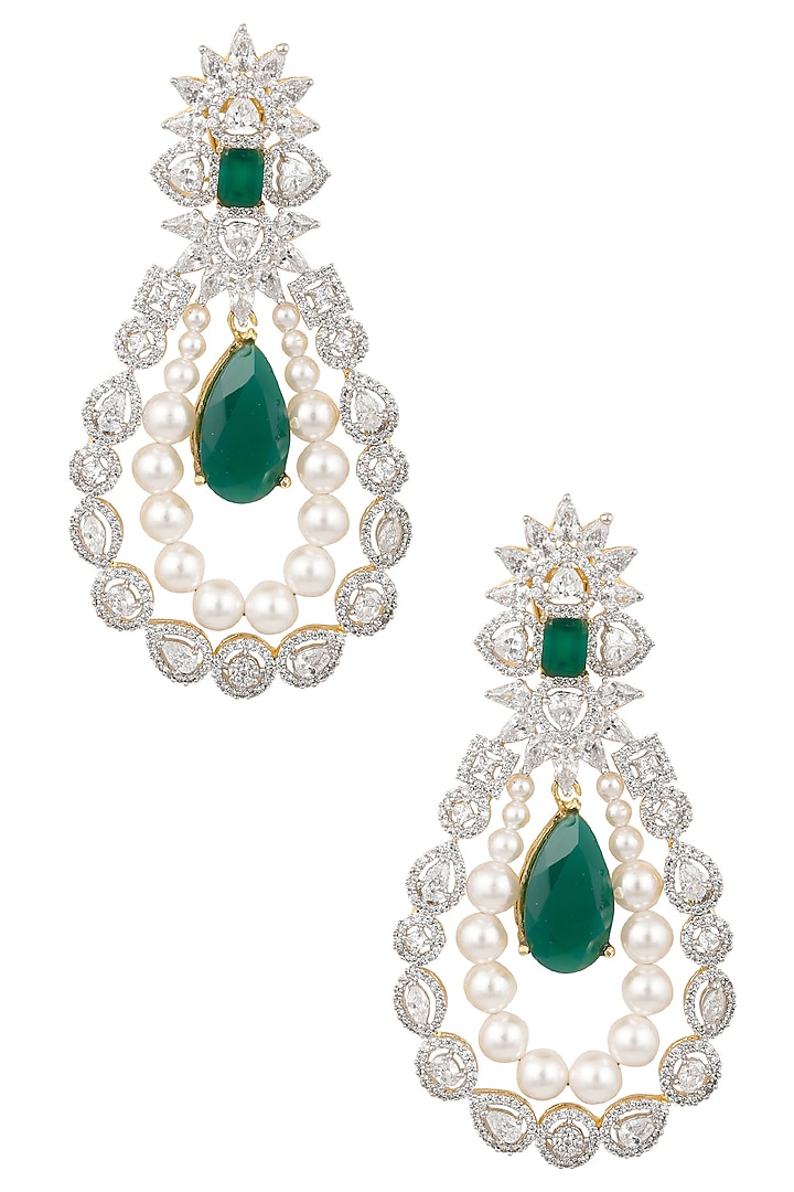 White and Gold Dual Finish Emerald and White Sapphire Earrings by Tanzila Rab