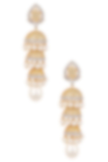 White and Gold Dual Finish Triple Graded Jhumki Earrings by Tanzila Rab
