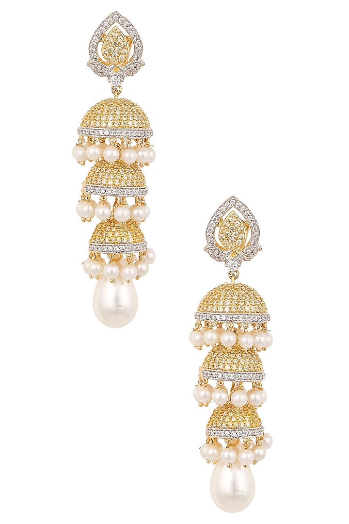 White and Gold Dual Finish Triple Graded Jhumki Earrings by Tanzila Rab