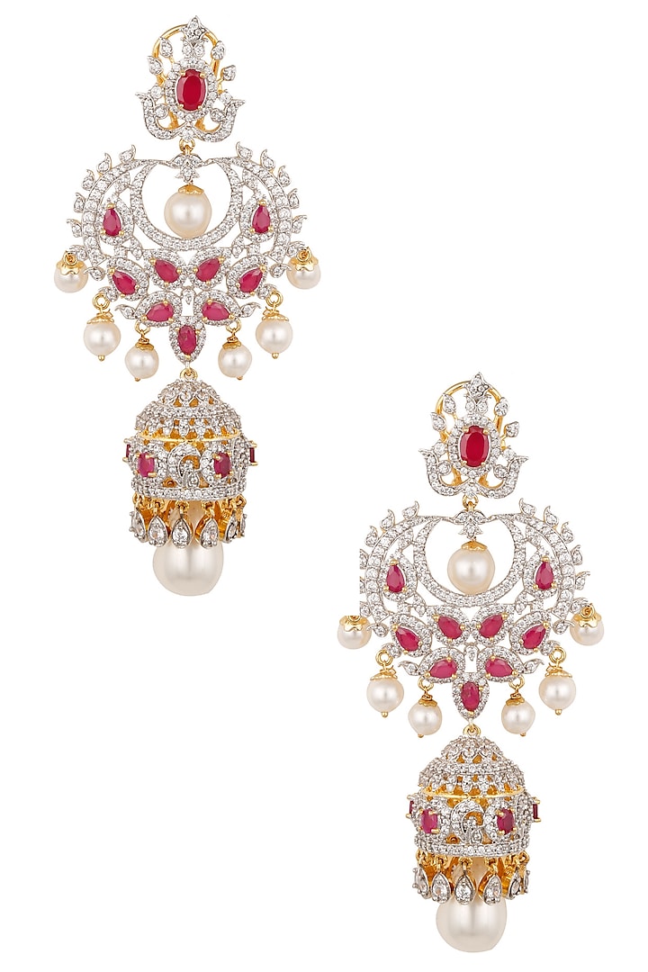 White and Gold Dual Finish Ruby and White Sapphire Earrings by Tanzila Rab