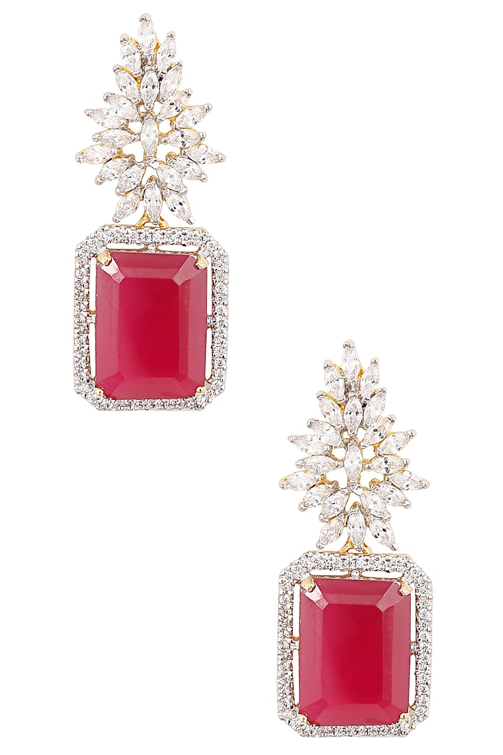 White and Gold Dual Finish Marquise White Sapphires and Ruby Earrings by Tanzila Rab