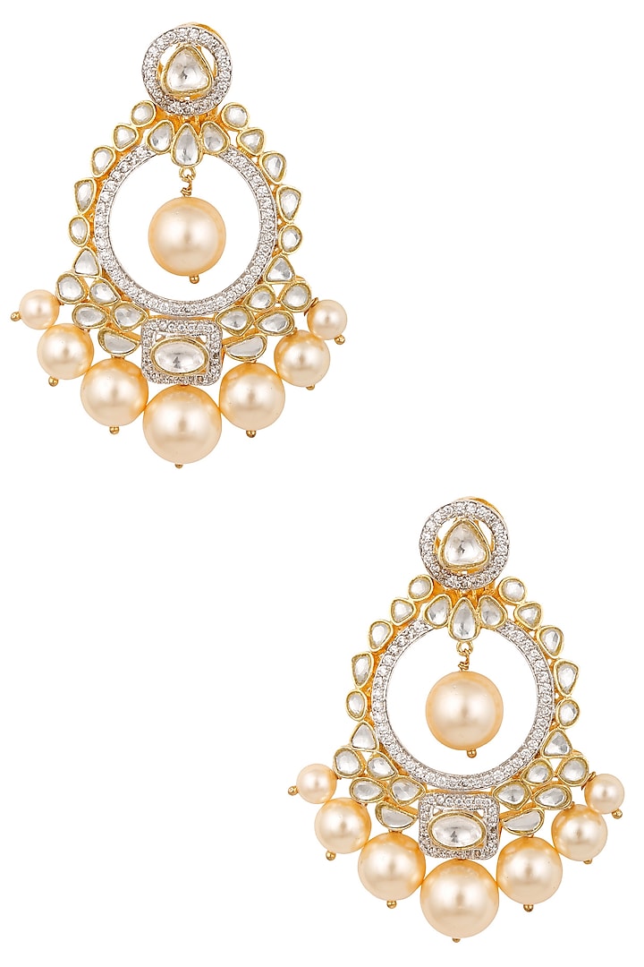 Gold Finish Kundan Stone Chandbali Earrings by Tanzila Rab