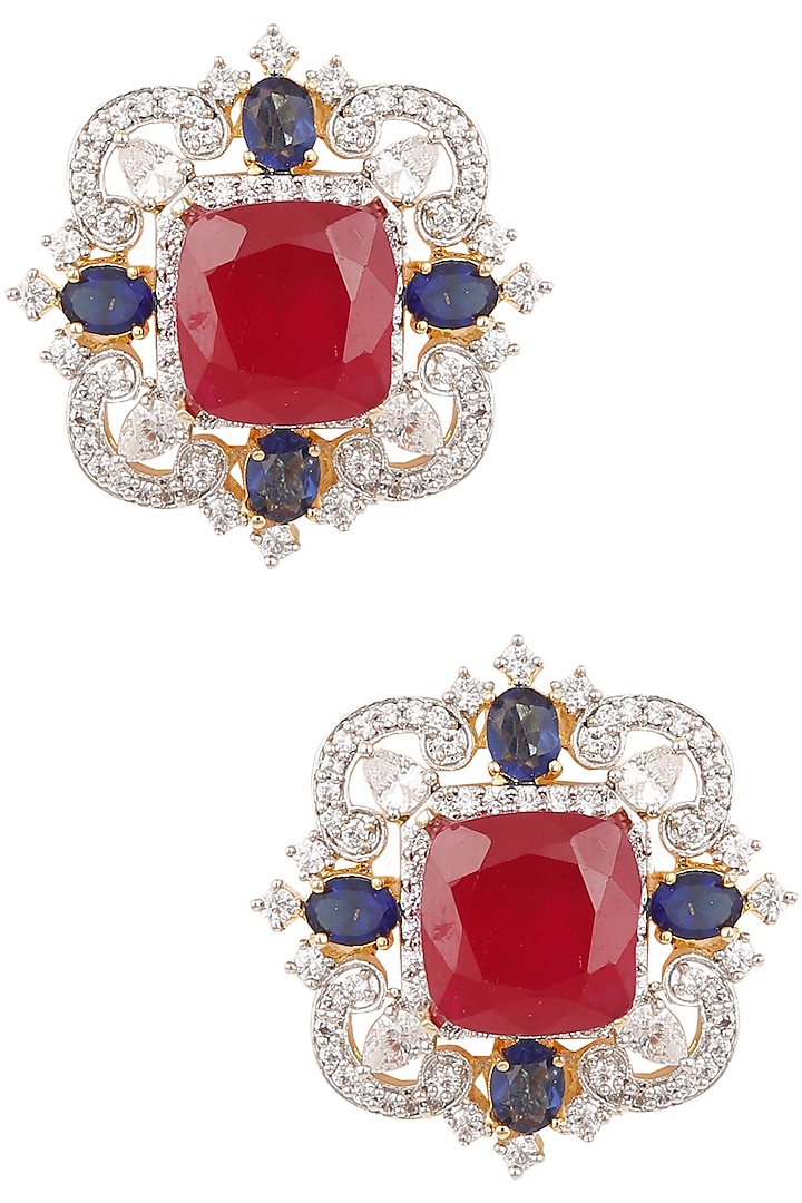 Gold Finish Ruby, Blue and White Sapphire Ear Studs by Tanzila Rab