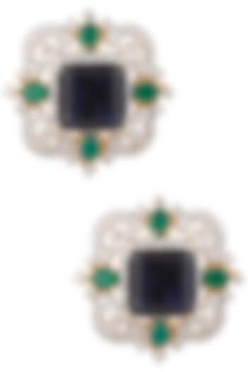 Tanzila Rab presents Gold finish emerald, blue and white sapphire ear studs available only at Pernia's Pop Up Shop.