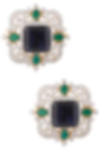 Gold Finish Emerald, Blue and White Sapphire Ear Studs by Tanzila Rab
