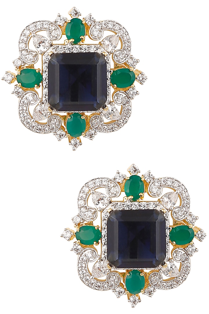 Gold Finish Emerald, Blue and White Sapphire Ear Studs by Tanzila Rab
