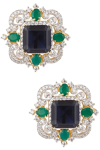 Gold Finish Emerald, Blue and White Sapphire Ear Studs by Tanzila Rab