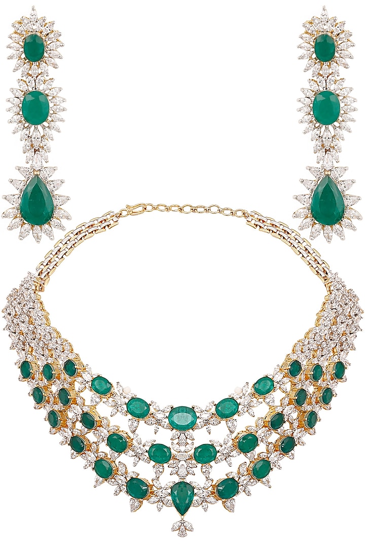 White and Gold Dual Finish Emerald and White Sapphire Necklace Set by Tanzila Rab