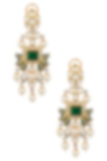 White and Gold Dual Finish Kundan and Emerald Earrings by Tanzila Rab