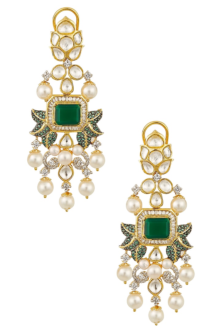 White and Gold Dual Finish Kundan and Emerald Earrings by Tanzila Rab