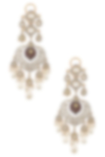 Silver Finish Kundan, White Sappire and Champagne Crystal Earrings by Tanzila Rab