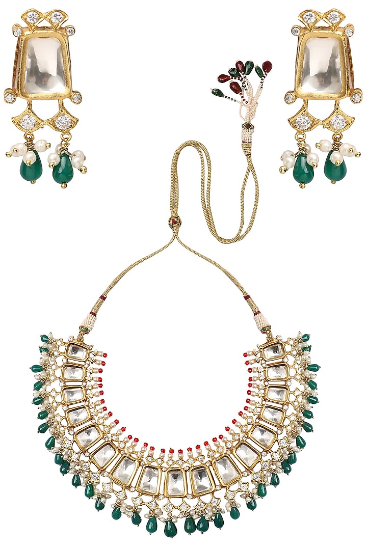Gold Finish Kundan, Ruby and Pearl Necklace Set by Tanzila Rab