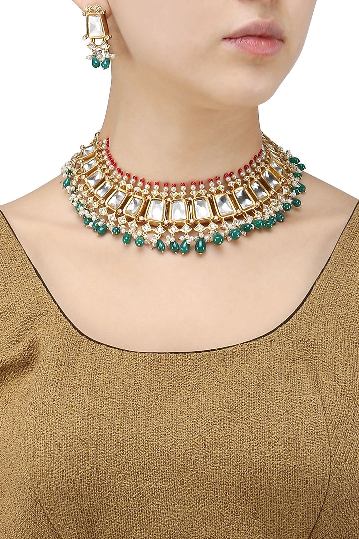 Tanzila Rab presents Gold finish kundan, ruby and pearl necklace set available only at Pernia's Pop Up Shop.