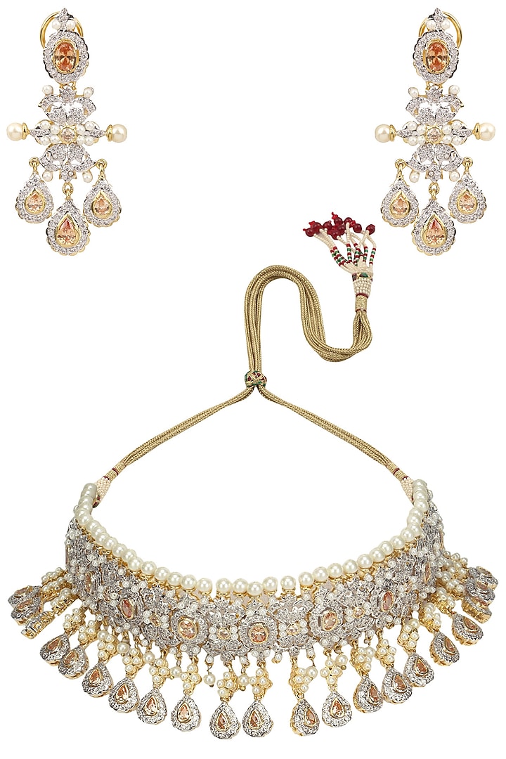 Antique Gold Finish Sapphire, Topaz and Pearl Choker Set by Tanzila Rab