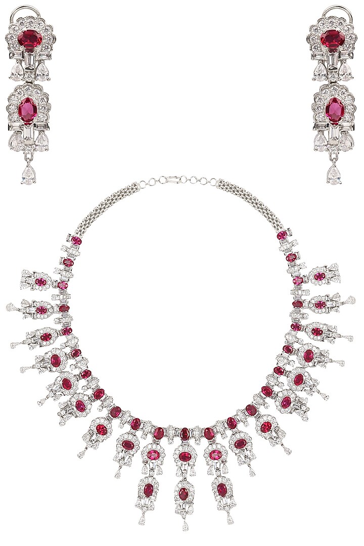 Tanzila Rab presents Rhodium finish ruby and white sapphire necklace set available only at Pernia's Pop Up Shop.