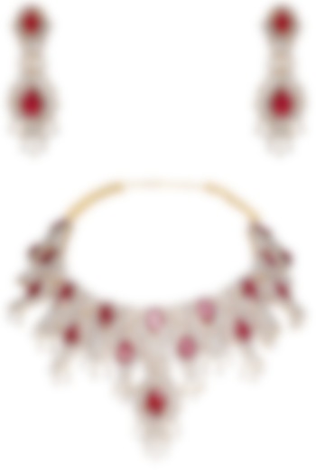 Rhodium Finish Big Ruby and White Sapphire Necklace Set by Tanzila Rab