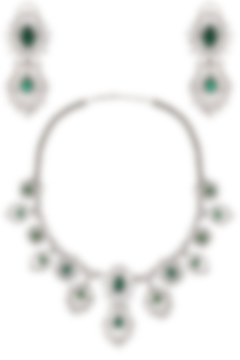 Rhodium Finish Emerald and White Sapphire Necklace Set by Tanzila Rab