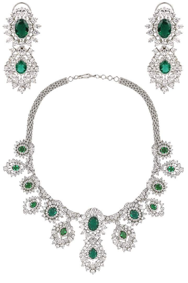 Rhodium Finish Emerald and White Sapphire Necklace Set by Tanzila Rab