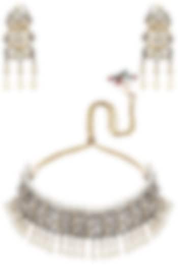 Gold Finish Kundan, Sapphire and Pearl Bridal Necklace Set by Tanzila Rab