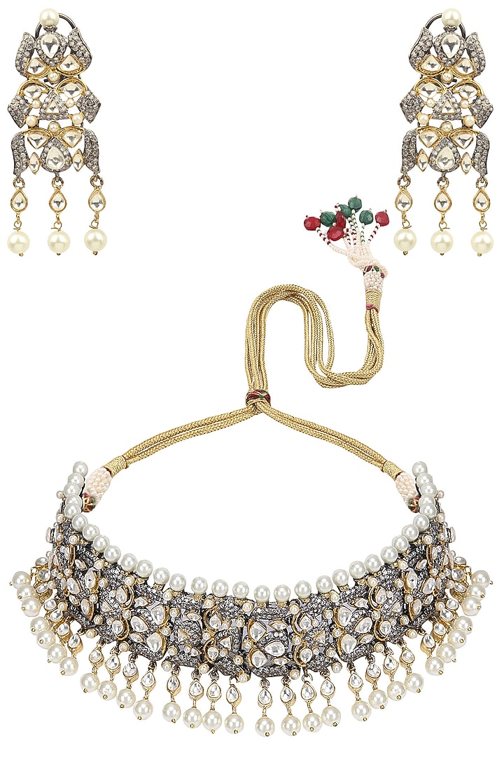 Tanzila Rab presents Gold finish kundan, sapphire and pearl bridal necklace set available only at Pernia's Pop Up Shop.