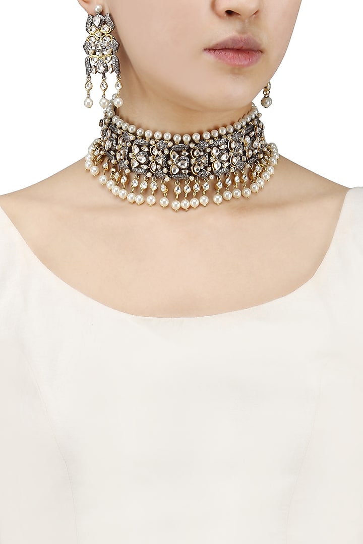 Tanzila Rab presents Gold finish kundan, sapphire and pearl bridal necklace set available only at Pernia's Pop Up Shop.