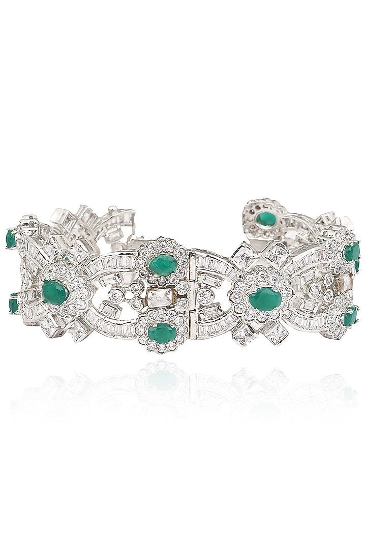 Tanzila Rab presents Rhodium finish emerald and white sapphire bracelet available only at Pernia's Pop Up Shop.