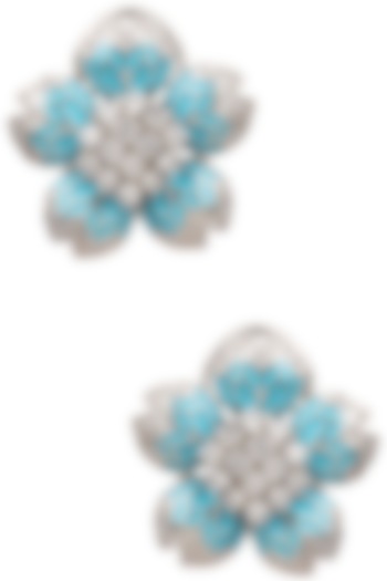 Rhodium Finish Turquoise Enamel White Sapphire Earrings by Tanzila Rab
