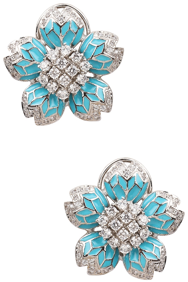 Rhodium Finish Turquoise Enamel White Sapphire Earrings by Tanzila Rab