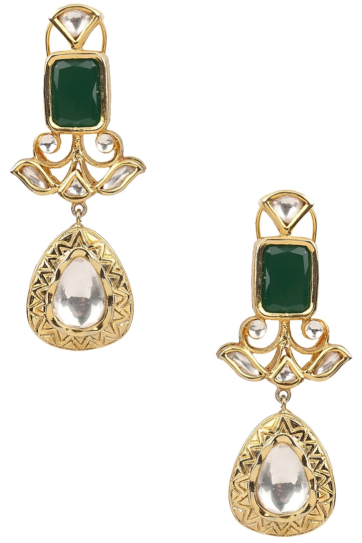 Gold Finish Kundan and Pearls Earrings by Tanzila Rab