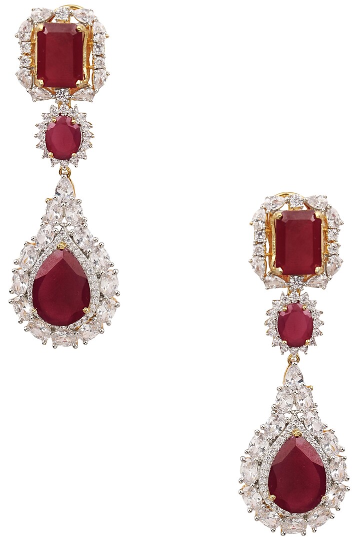 Gold Finish Ruby and White Sapphire Cocktail Earrings by Tanzila Rab