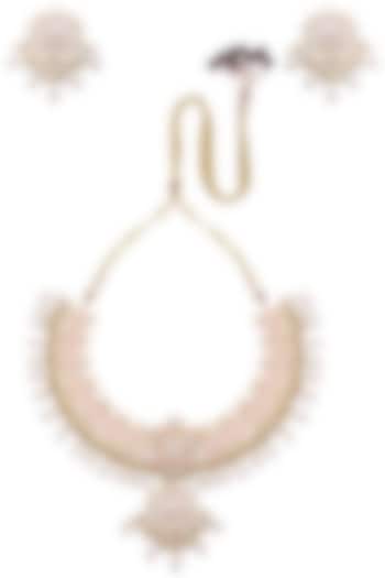 Gold Plated Pink Enameled Kundan & Shell Pearl Drop Necklace Set by Tanzila Rab at Pernia's Pop Up Shop