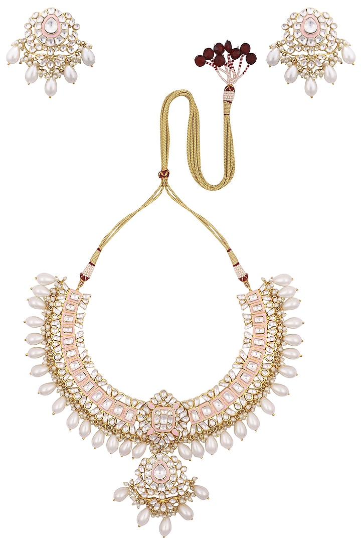 Gold Plated Pink Enameled Kundan & Shell Pearl Drop Necklace Set by Tanzila Rab