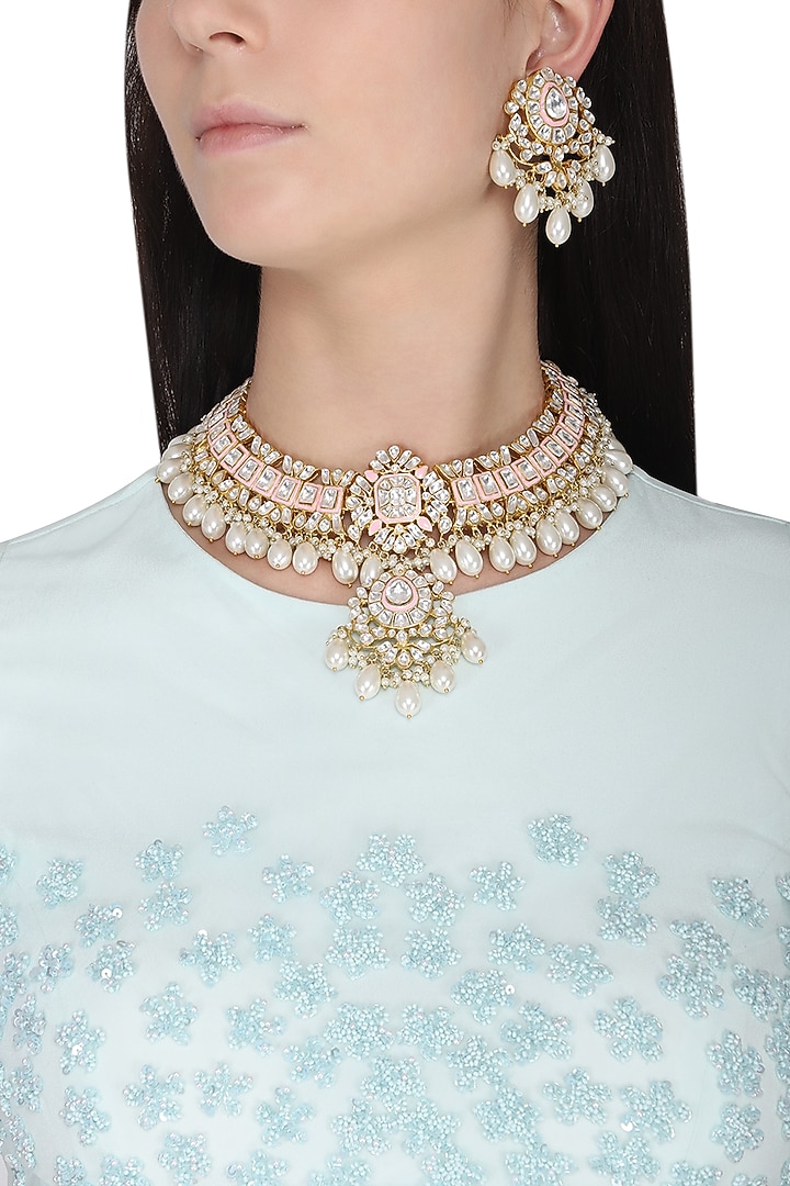 Gold Plated Pink Enameled Kundan & Shell Pearl Drop Necklace Set by Tanzila Rab at Pernia's Pop Up Shop