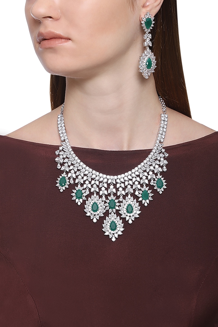 White Finish Sapphire & Emerald Adjustable Necklace Set by Tanzila Rab at Pernia's Pop Up Shop