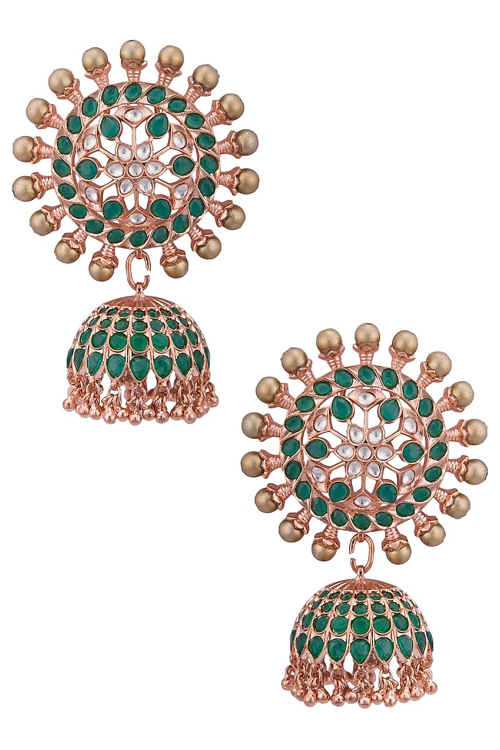 Gold plated kundan, emeralds and shell pearl earrings by Tanzila Rab