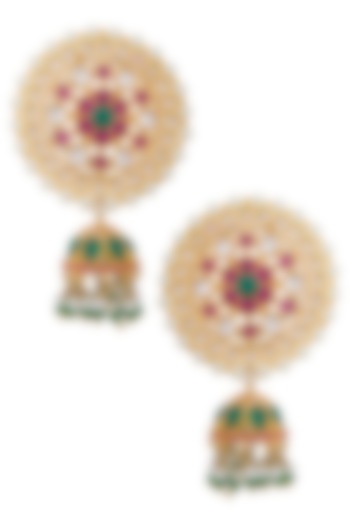 Gold plated kundan, emeralds, ruby and shell pearl earrings by Tanzila Rab