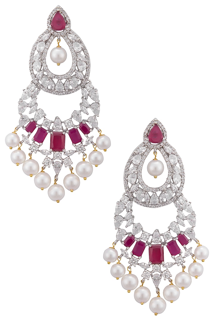 Gold plated white sapphire, ruby and shell pearl long earrings by Tanzila Rab
