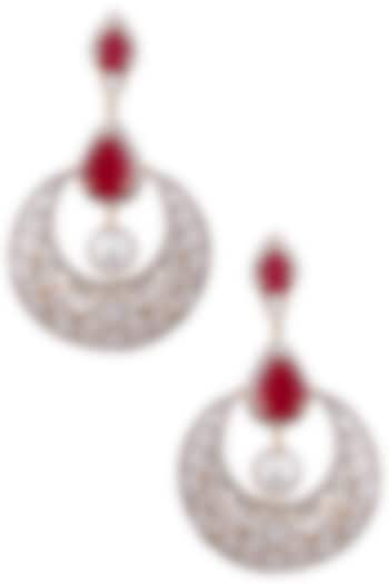 Gold plated white sapphire, ruby and shell pearl earrings by Tanzila Rab