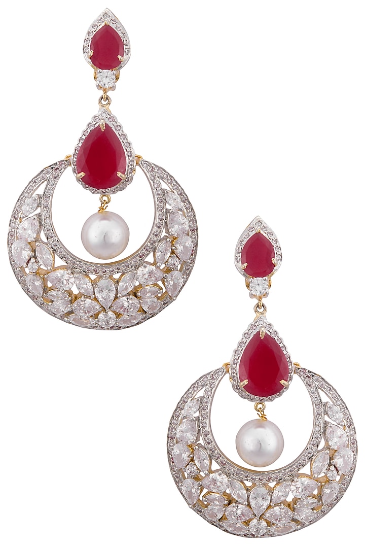 Gold plated white sapphire, ruby and shell pearl earrings by Tanzila Rab