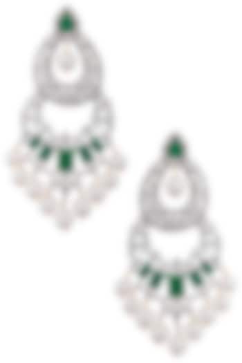 Gold plated white sapphire, emerald and shell pearl long earrings by Tanzila Rab