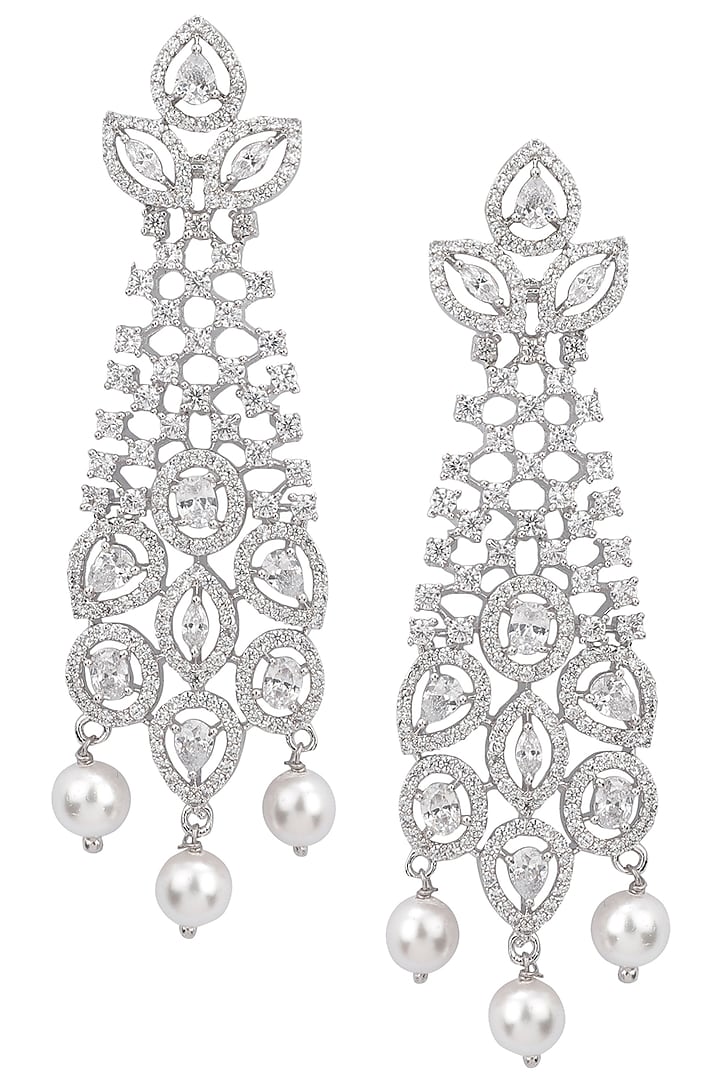 Silver plated white sapphire and shell pearl dangler earrings by Tanzila Rab