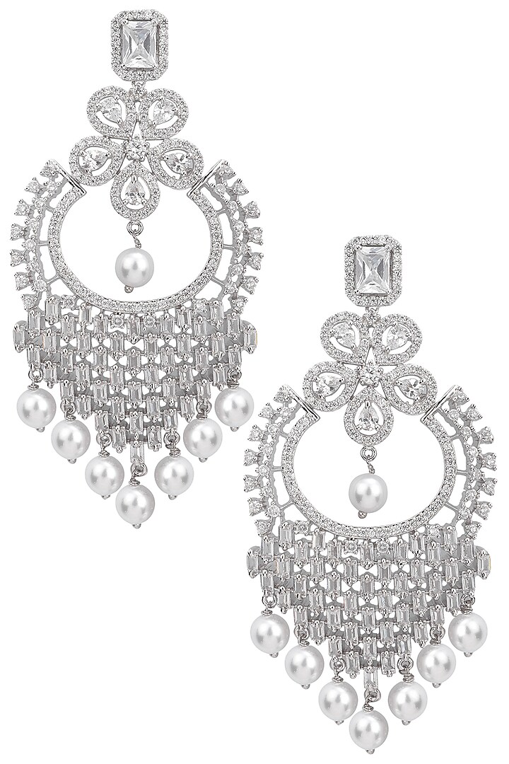 Silver plated white sapphire and shell pearl long earrings by Tanzila Rab