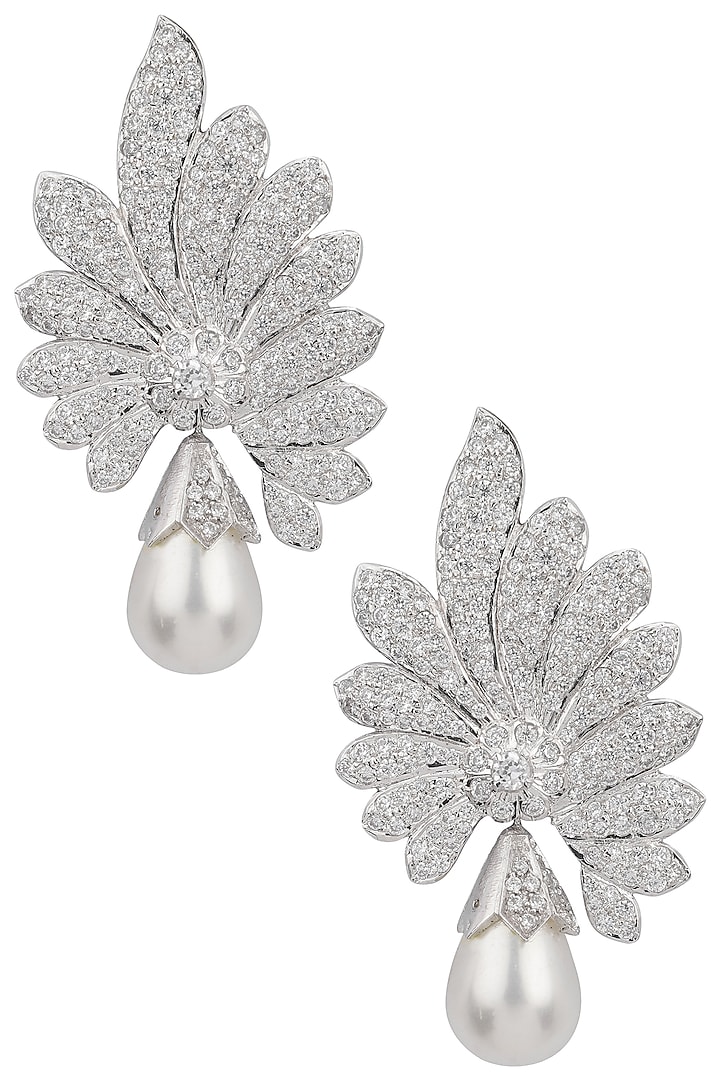 Silver plated white sapphire and shell pearl drop earrings by Tanzila Rab