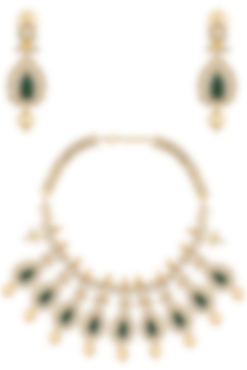 Gold Finish Emerald and Sapphire Stone Tear Drop Shape Necklace Set by Tanzila Rab