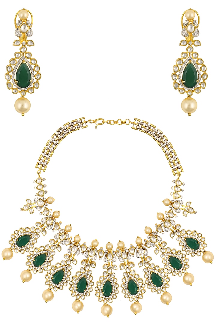 Gold Finish Emerald and Sapphire Stone Tear Drop Shape Necklace Set by Tanzila Rab